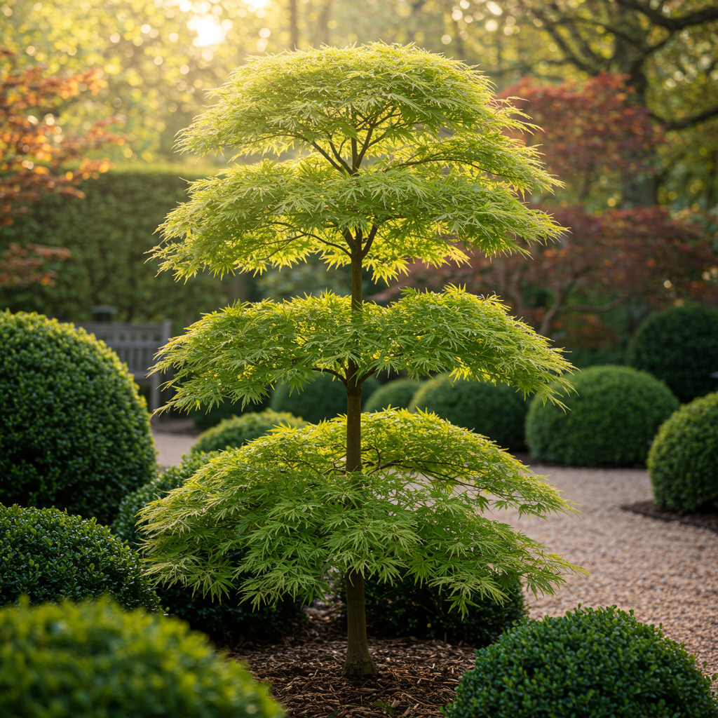 Green boutiQ - Terrasplant - Japanse Esdoorn - Acer palmatum Emerald Lace - Groen - 2 Planten - Bladverliezend - Pot 19cm Hoogte 70cm